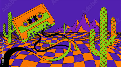 Melting Vintage Cassette Tape in Checkerboard Desert Pop Surrealism Flat Illustration with Bold Outlines