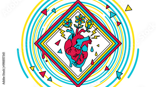 Anatomical Heart with Crystalline Flowers and Lightning Bolts Pop Surrealism Flat Illustration with Bold Outlines