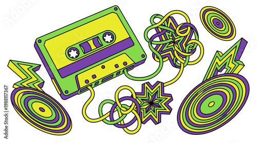 Vintage Cassette Tape with Unspooled Winding Magnetic Tape, Pop Surrealism Flat Illustration with Bold Outlines Retro 80s Psychedelic Style