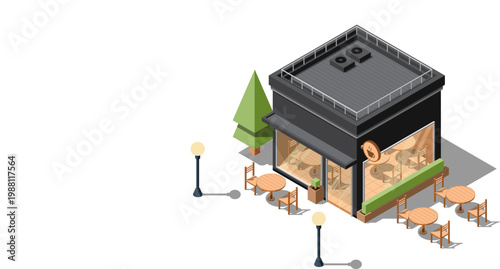 Isometric coffee shop. Isometric vector cafe building. Isometric exterior of coffee shop