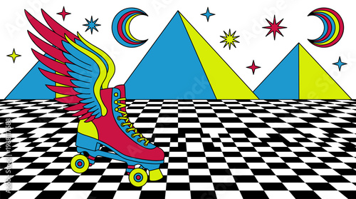 Winged Vintage Roller Skate Gliding on Checkerboard Landscape Pop Surrealism Flat Illustration