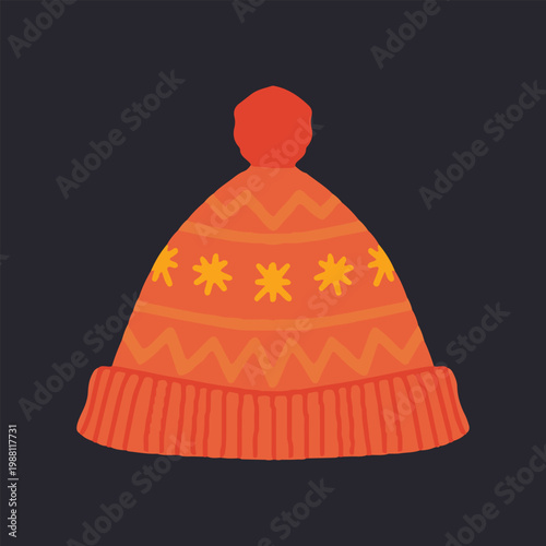 Orange knitted winter beanie with pom pom and star pattern vector. Hand drawn cozy orange woolen hat isolated on white background