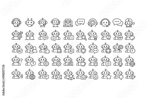 Outline icons of various robots and ai interactions in different styles.