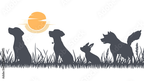 Silhouette of dogs and a rabbit in grass, with a sun in the sky, minimalist design