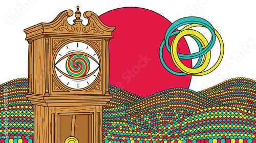 Ornate Grandfather Clock with Eye Face Pop Surrealism Flat Illustration with Bold Outlines