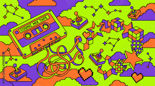 Retro Cassette Tape Unraveling into Geometric Shapes and Stars Pop Surrealism Flat Illustration with Bold Outlines