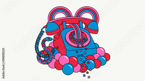 Vintage Rotary Telephone Snake on Bubblegum Cloud, Pop Surrealism Flat Illustration with Bold Outlines