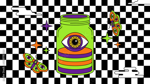 Giant Sunflower Eye in Jar with Patterned Moths, Pop Surrealism Flat Illustration with Bold Outlines