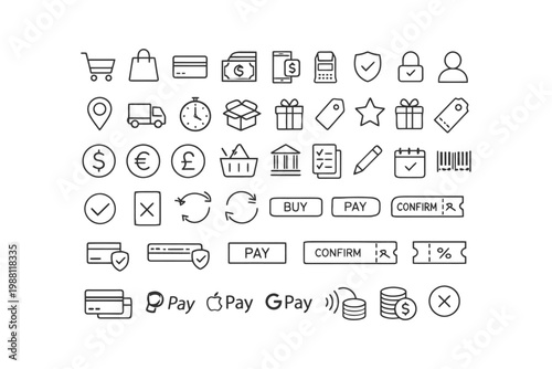 E-commerce and payment icons set featuring shopping cart and secure payment symbols.