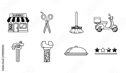 A set of eight black and white line art icons for various services and objects