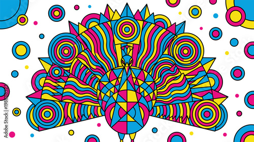 Stylized Geometric Peacock with Concentric Tail Patterns Pop Surrealism Flat Illustration with Bold Outlines