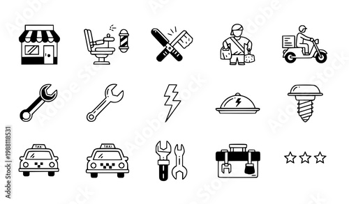 A set of black and white line art icons depicting various service and tool symbols