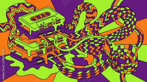 Melting Vintage Cassette Tapes with Unraveling Film Patterns Pop Surrealism Flat Illustration with Bold Outlines