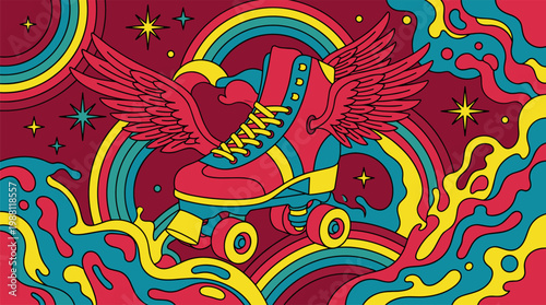 Winged Vintage Roller Skate with Rainbow Arcs and Abstract Waves Pop Surrealism Flat Illustration with Bold Outlines