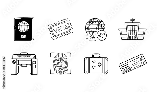 A set of travel icons including passport, visa, and luggage