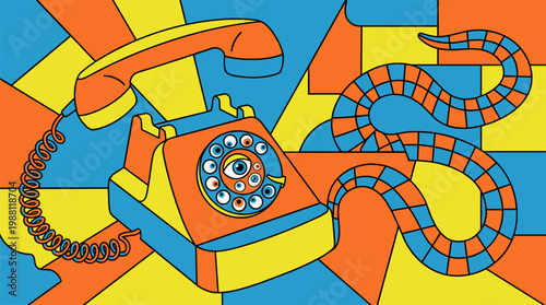 Vintage Rotary Telephone With Eyeball Dial and Checkerboard Serpent Cord Pop Surrealism Flat Illustration With Bold Outlines