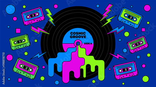 Giant Vinyl Record Floating With Melting Geometric Liquid Pop Surrealism Flat Illustration With Bold Outlines