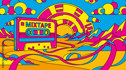 Retro Cassette Tape Landscape With Magnetic Tape Mountains Pop Surrealism Flat Illustration With Bold Outlines