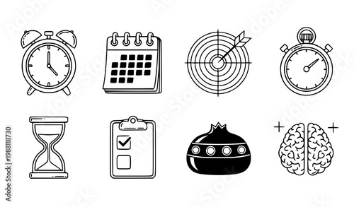 A set of black and white line art icons representing time management and productivity