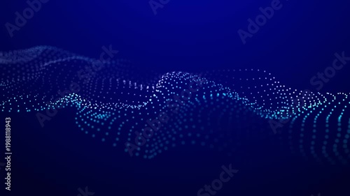 Futuristic wave of dots with moving particles. Abstract technology background. 3D visualization of big data. 3D rendering.