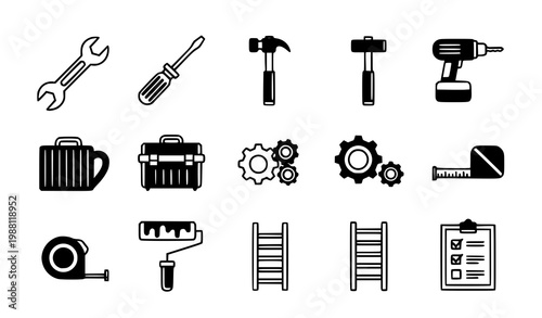 A set of black and white construction tools and equipment icons