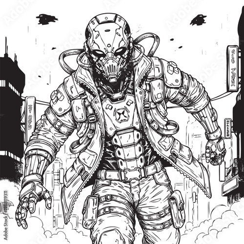 Cyberpunk Warrior with Gas Mask and Knife