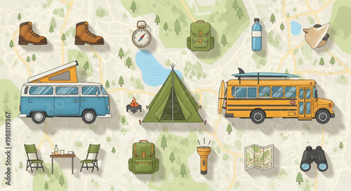 Outdoor adventure camping and travel gear flat lay illustration.