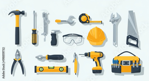 Collection of various construction and DIY tools arranged on a white background.