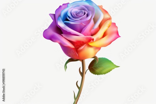 Rainbow colored rose with vibrant petals on a white background