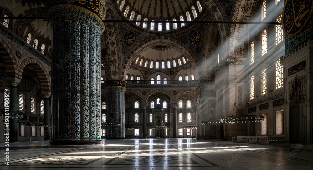 Obraz premium Ornate mosque interior with sunlight streaming through large windows