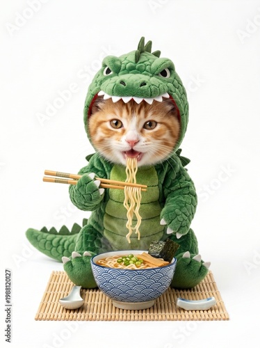 little ginger cat wearing costume eating noodles
