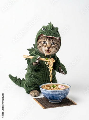 kitten wearing costume eating ramen