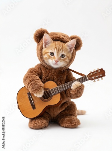 ginger kitten wearing bear costume playing acoustic guitar