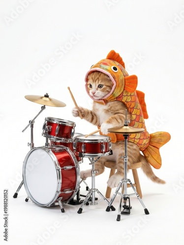 little cat wearing orange fish costume playing drums