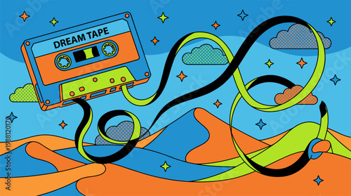 Floating Cassette Tape With Wavy Magnetic Ribbons And Geometric Clouds Pop Surrealism Flat Illustration With Bold Outlines