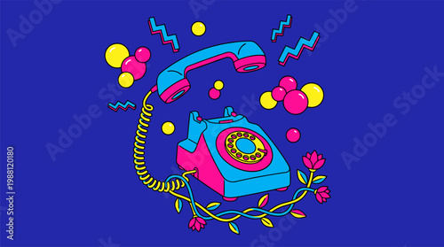 Vintage Rotary Telephone with Vine Cords and Geometric Spheres Pop Surrealism Flat Illustration with Bold Uniform Black Outlines