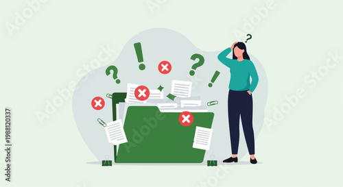Confused man standing next to a large open box filled with question marks and warning symbols representing uncertainty