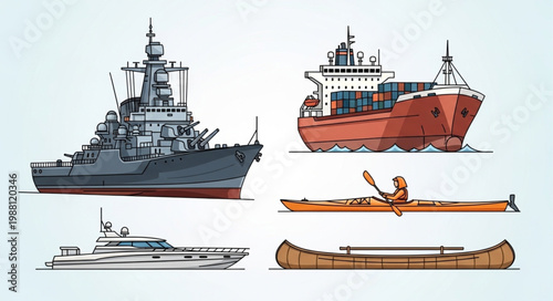 Collection of diverse watercraft including a warship cargo ship yacht kayak and canoe.