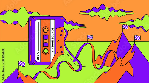 Vintage Cassette Tape Spilling Magnetic Tape Landscape Pop Surrealism Flat Illustration with Bold Outlines