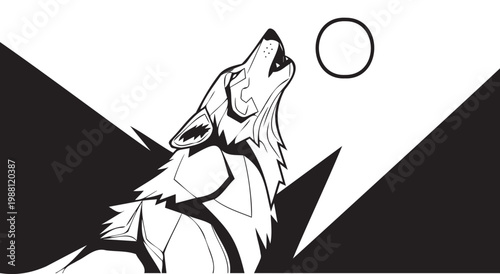 Wolf howling at moon in black and white