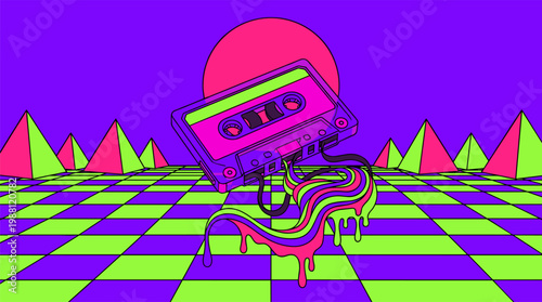 Retro Cassette Tape Unraveling into Melting Rainbow Stripes Pop Surrealism Flat Illustration with Bold Outlines