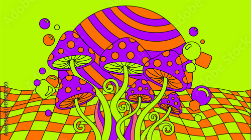 Cosmic Polka-Dot Mushroom Landscape with Winding Stems and Checkered Ground Pop Surrealism Flat Illustration with Bold Outlines