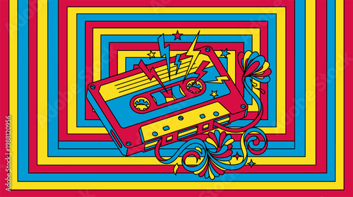 Vintage Cassette Tape Unspooling Into Floral Ribbon Patterns Pop Surrealism Flat Illustration with Bold Outlines Retro Aesthetic