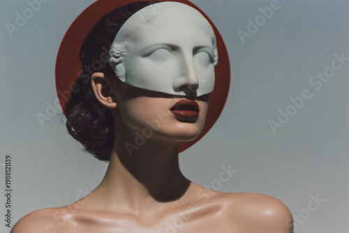 Surreal portrait: woman with ancient greek mask and red circular halo