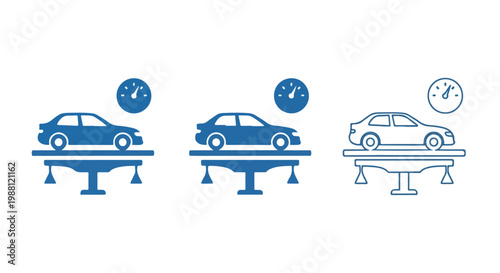 Car maintenance and repair process with mechanic inspecting vehicle on hydraulic lift in auto workshop