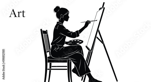 Vector artist painting, female painter silhouette, art creation, black line drawing