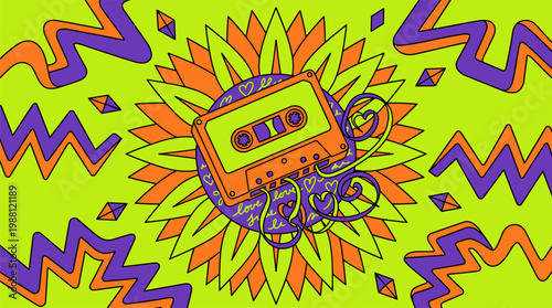 Vintage Cassette Tape and Sunflower Retro Pop Surrealism Flat Illustration with Bold Outlines and Psychedelic Shapes