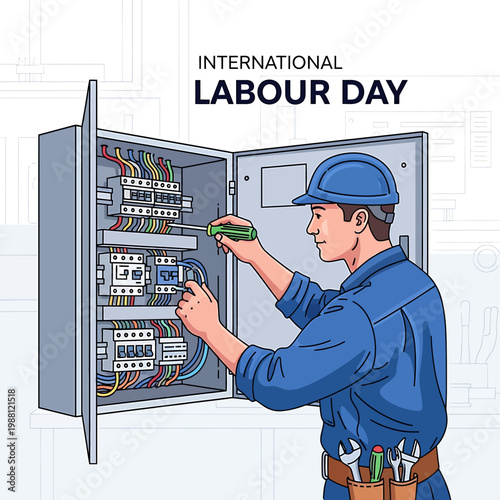 Labour Day Celebration With Hardworking Electrician On Duty