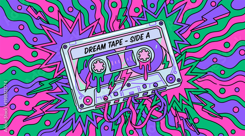 Melting Vintage Cassette Tape with Unspooled Zig Zag Tape, Pop Surrealism Flat Illustration with Bold Outlines
