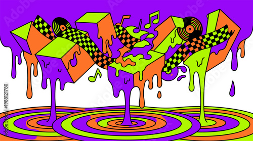 Melting Geometric Prisms and Checkerboard Ribbons With Floating Vinyl Records, Pop Surrealism Flat Illustration with Bold Outlines
